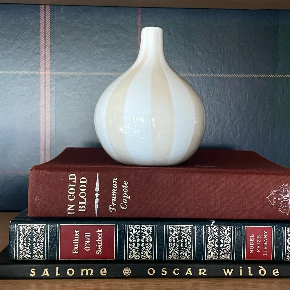 Jonathan Adler Happy Home Striped Bulbous vase, cream/white, EUC